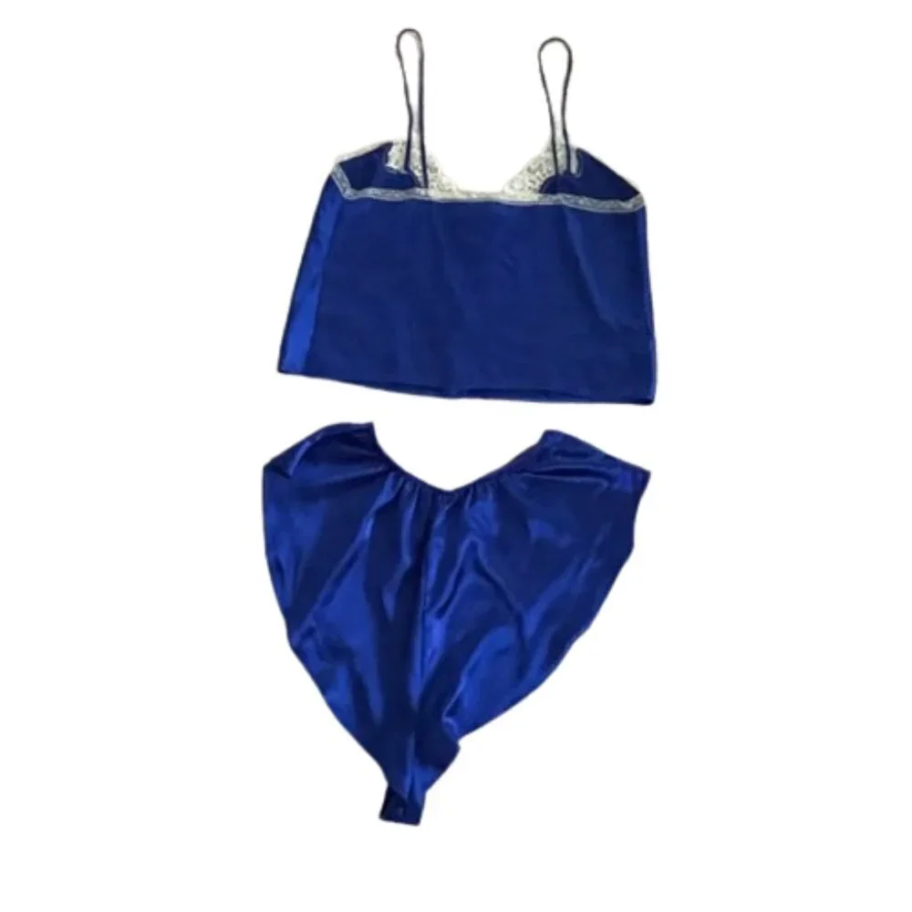 Victoria's Secret Gold Label Satin Silky Blue Vintage set Cami Tap Short M Med